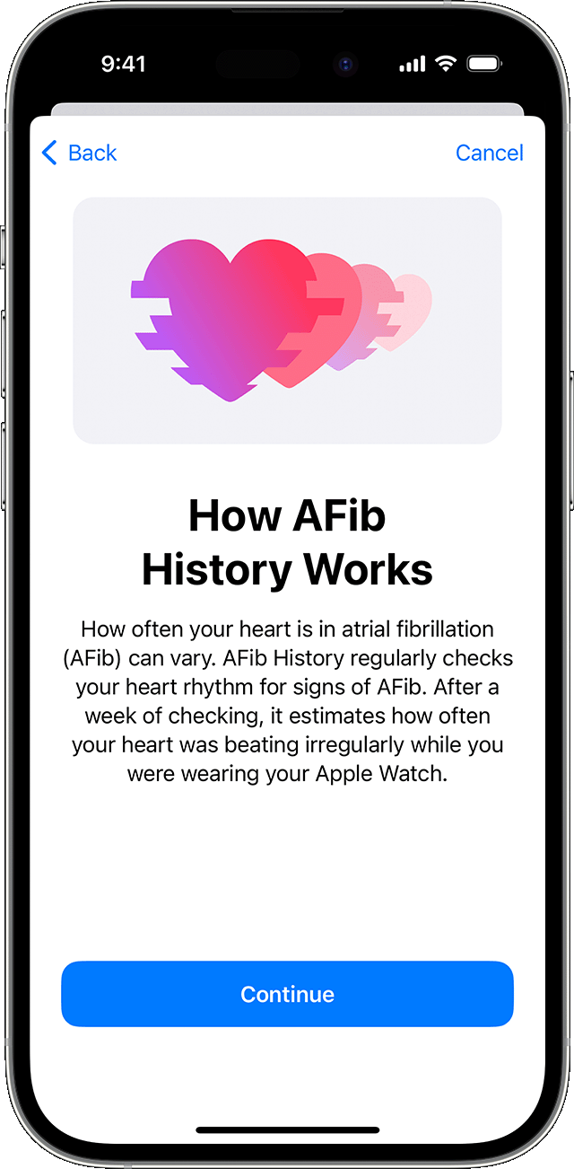 An iPhone that shows the How Afib History Works setup screen